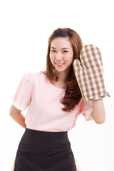 Donna panettiere indossa guanto mitten per il concetto di cottura in studio shot — Foto Stock