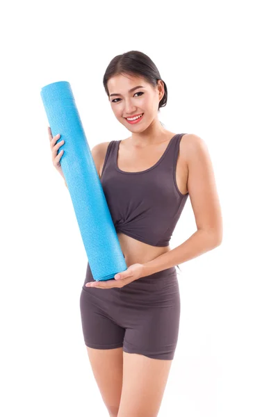 Fitness mujer con mano celebración yoga mat —  Fotos de Stock