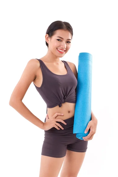 Fitness mujer con mano celebración yoga mat —  Fotos de Stock