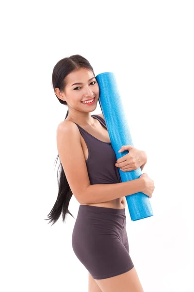 Fitness mujer con mano celebración yoga mat —  Fotos de Stock