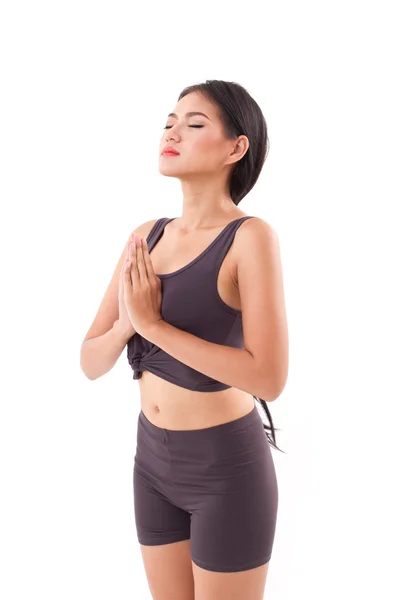 Mujer activa practicando yoga saludo al sol, ejercicio de estiramiento —  Fotos de Stock