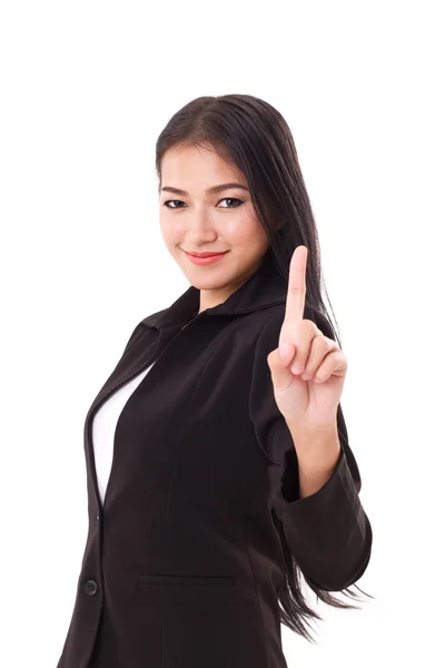 Smiling, confident, successful business woman executive showing 1 finger, concept of leader, winner — Stock Photo, Image