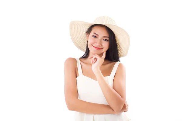 Smiling summer lady looking at you, white background with space — Stock Photo, Image