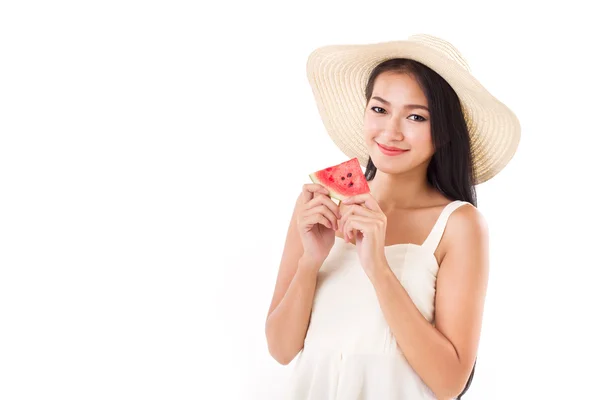 Happy woman hand holding watermelon, summer time concept, lookin — Stock Photo, Image