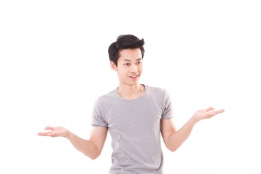 Shrugging, beyaz izole arka plan adamım