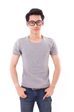 Akıllı inek adam, beyaz izole arka plan stüdyo bakıyorsun 