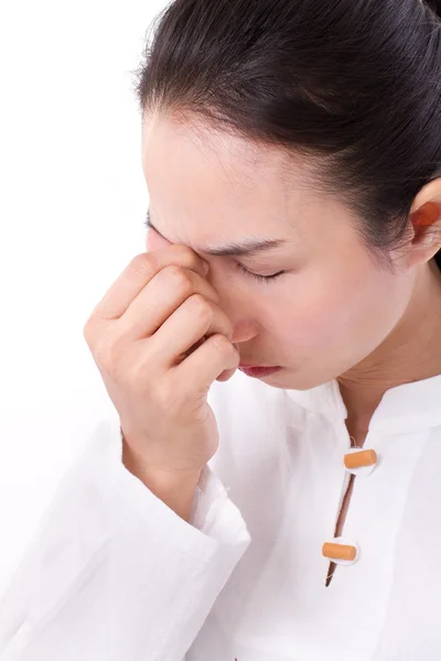 Mujer enferma con dolor de cabeza, migraña, estrés, sensación negativa —  Fotos de Stock