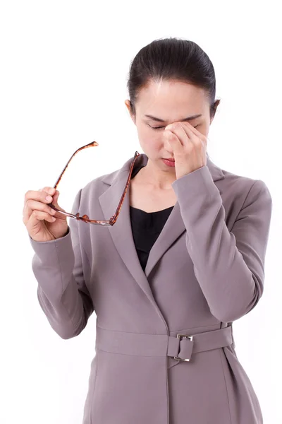 Mujer de negocios estresada sufre de dolor de cabeza, enfermedad mental, o —  Fotos de Stock