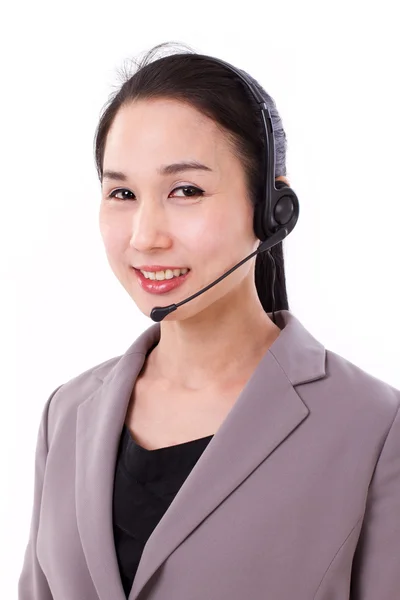 快乐的女客户服务执行与耳机的肖像 — 图库照片