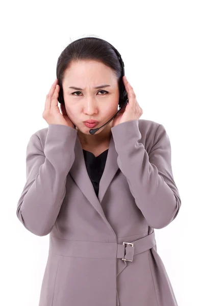 Triste, equipe de atendimento ao cliente infeliz com fone de ouvido — Fotografia de Stock