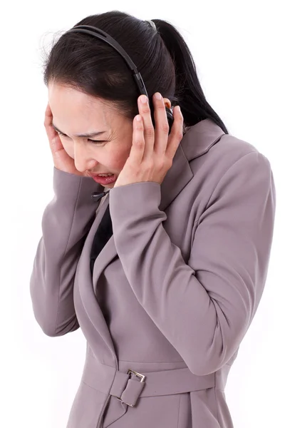 Triste, equipe de atendimento ao cliente infeliz com fone de ouvido — Fotografia de Stock