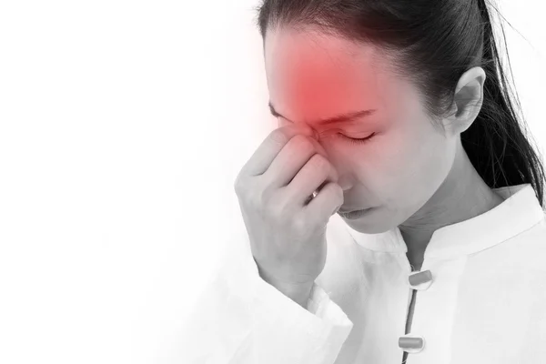 Zieke vrouw met hoofdpijn, migraine, stress, negatieve gevoel — Stockfoto