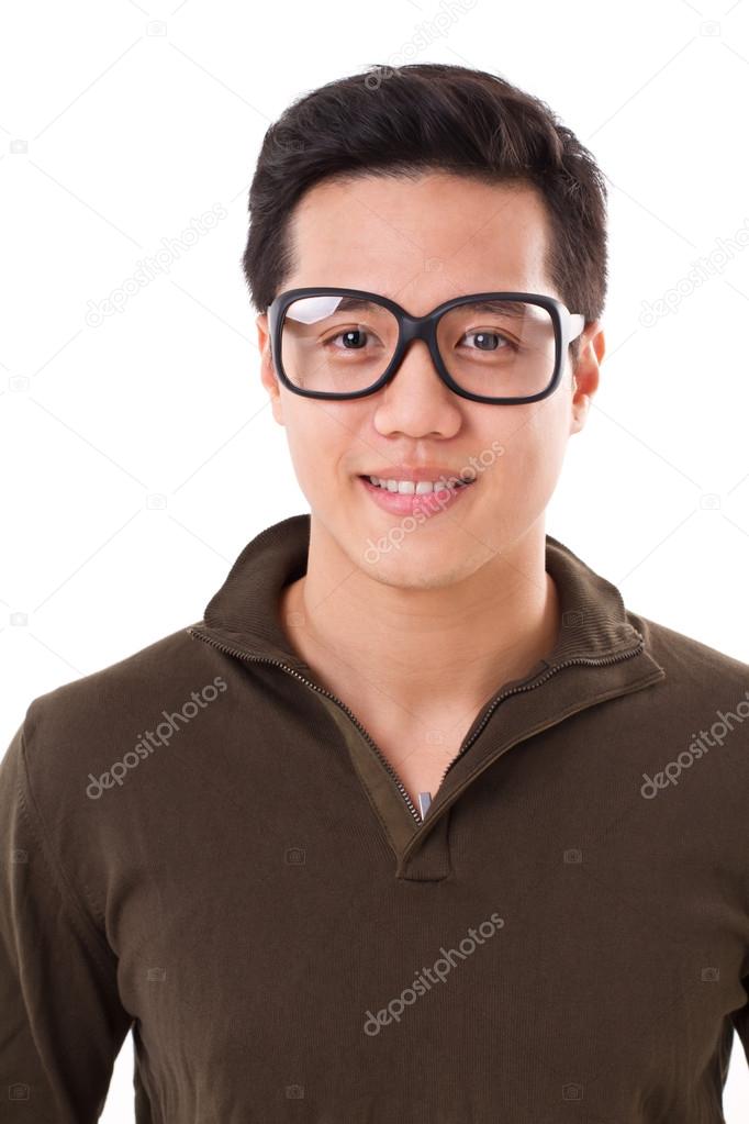 happy, positive, clever genius nerd or geek man with glasses