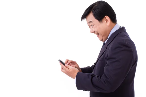 Saiu, homem de negócios feliz com smartphone — Fotografia de Stock