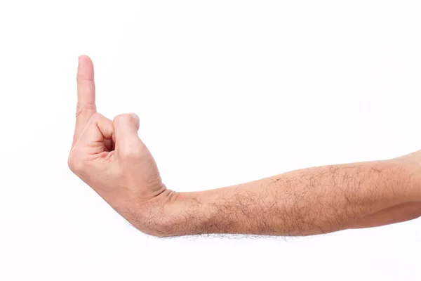 Man's hand giving middle finger gesture, hairy arm — Stock Photo, Image