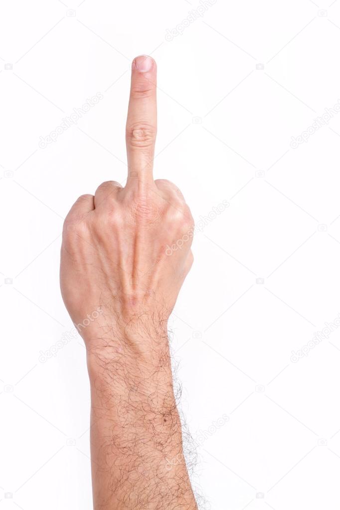 Man's hand giving middle finger gesture, hairy arm