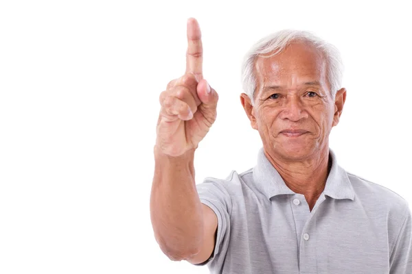 Hombre viejo señalando 1 dedo hacia arriba, no.1 gesto — Foto de Stock