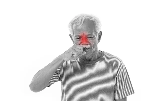 Beteg öregember, orrfolyás, piros riasztási akcentussal — Stock Fotó