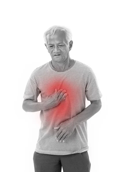 Zieke oude man last van brandend maagzuur, zure terugvloeiing — Stockfoto