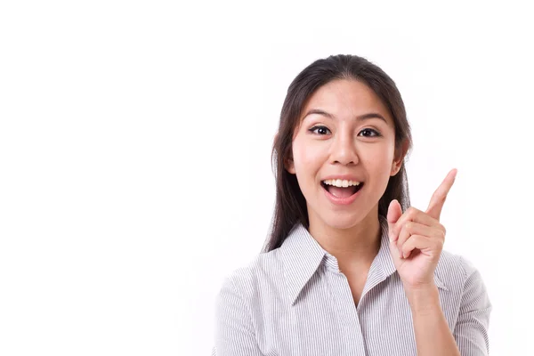 행복 한 여자 그녀의 손가락을 가리키는 — 스톡 사진