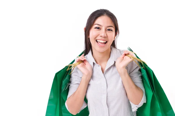 Gelukkige vrouw met winkelen bag — Stockfoto