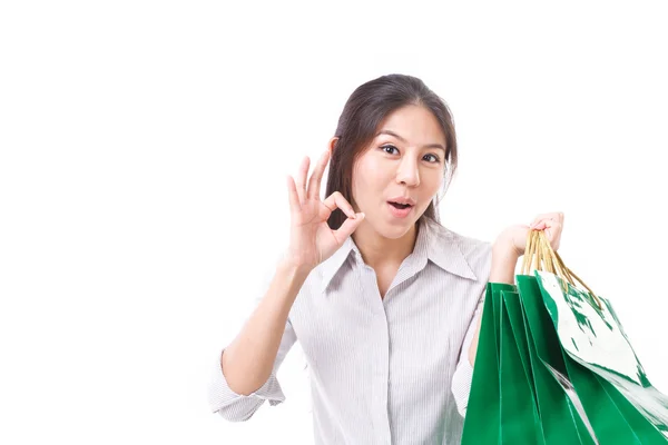 Shopping donna mostrando pollice su gesto — Foto Stock