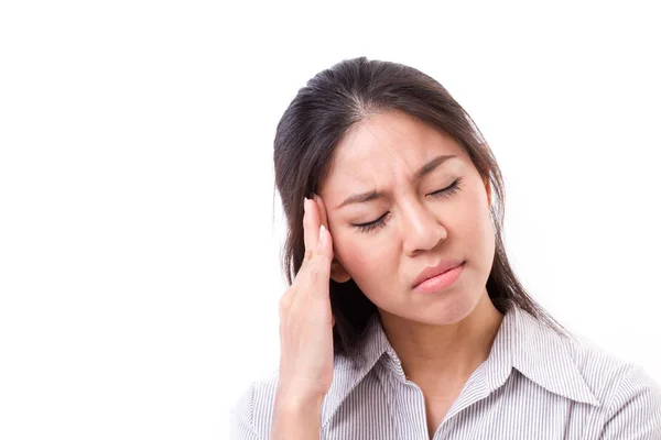 Mujer sufre de dolor de cabeza, migraña —  Fotos de Stock