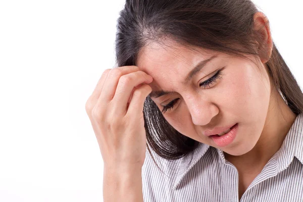 Mujer sufre de dolor de cabeza, migraña —  Fotos de Stock