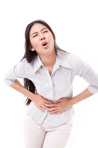 Mulher que sofre de dor de estômago, cãibra menstruação — Fotografia de Stock