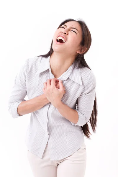 Mujer que sufre de dolor en el pecho, ataque al corazón —  Fotos de Stock