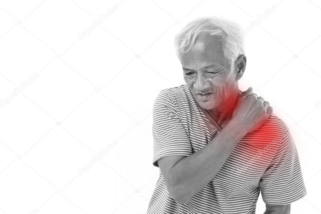 old man suffering from shoulder muscle inflammation or injury