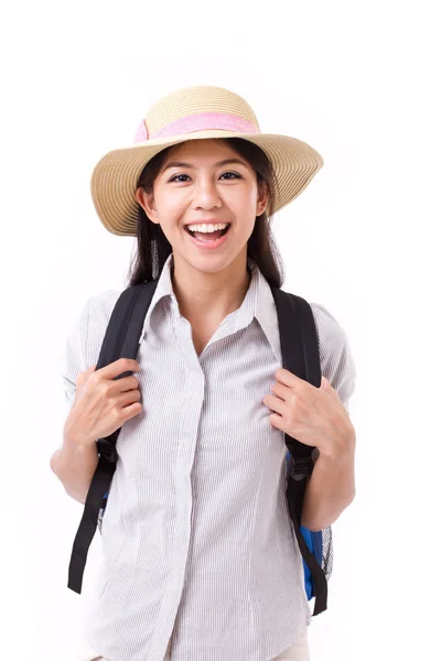Feliz asiático fêmea viajante isolado — Fotografia de Stock