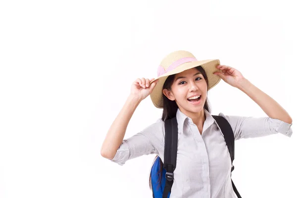 Felice asiatico femmina viaggiatore isolato — Foto Stock