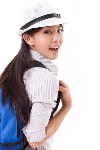 Happy asian female traveller isolated — Stock Photo, Image