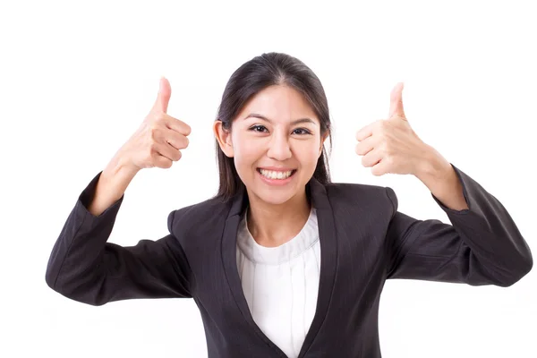 Gelukkig, glimlachen, succesvolle zakenvrouw duim omhoog gestu tonen — Stockfoto