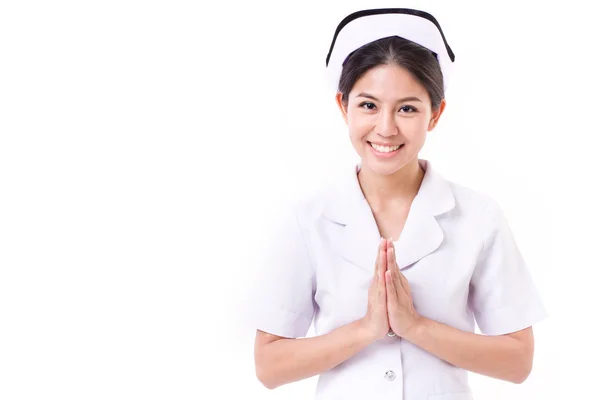 欢迎亚洲护士，美白隔离背景 — 图库照片