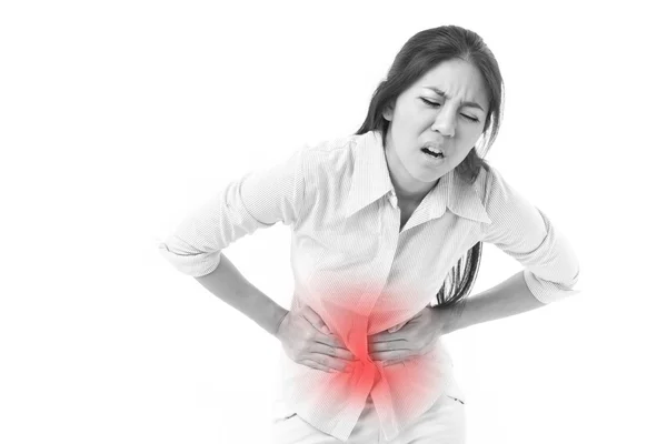 Nő szenved a hasi fájdalom, menstruáció görcs — Stock Fotó