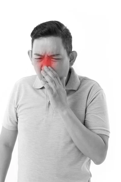 Homem doente que sofre de corrimento nasal, frio, gripe — Fotografia de Stock