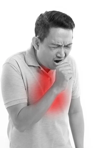 Homem doente tosse, estúdio branco isolado — Fotografia de Stock