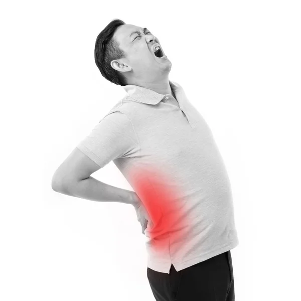 Hombre que sufre de dolor de espalda, retención de la mano — Foto de Stock