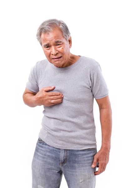 Sick old man suffering from heartburn, acid reflux — Stock Photo, Image