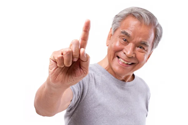 Sonriente, hombre mayor feliz apuntando hacia arriba 1 dedo, número 1 signo de mano — Foto de Stock