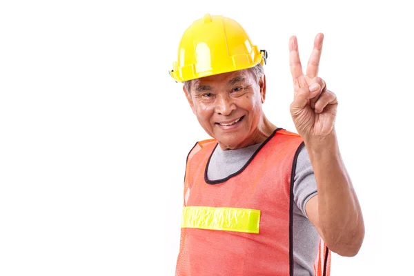 Gelukkig, glimlachen bouwvakker weergegeven: 2 vingers gebaar, vi — Stockfoto
