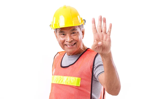 Gelukkig, glimlachen bouwvakker omhoog 4 vingers gebaar — Stockfoto