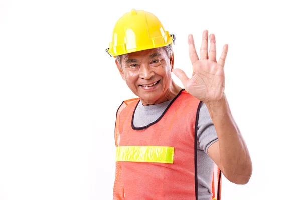 Gelukkig, glimlachen bouwvakker omhoog 5 vingers gebaar — Stockfoto