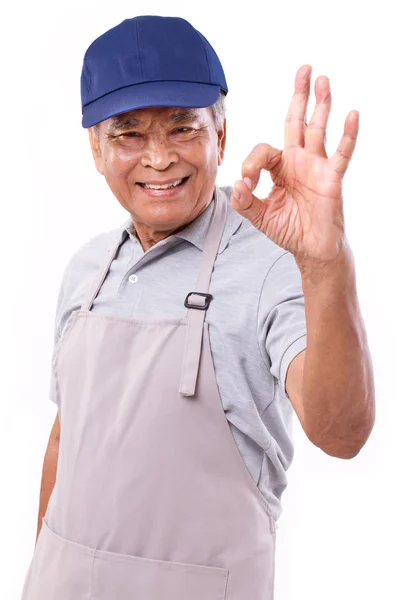 Sorrindo feliz trabalhador dando ok mão gesto — Fotografia de Stock