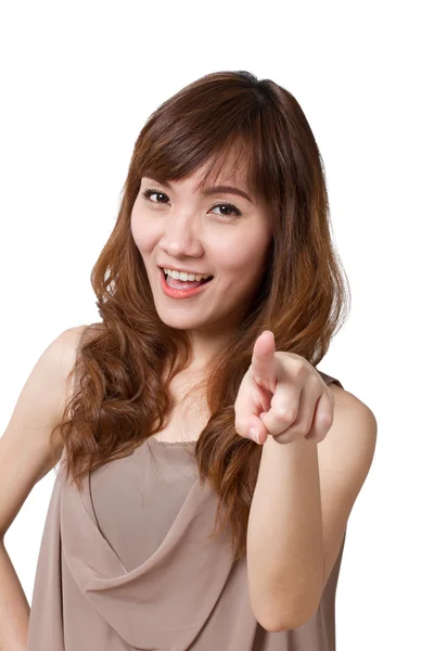 Happy, positive, bright, beautiful, asian woman pointing at you. — Stock Photo, Image