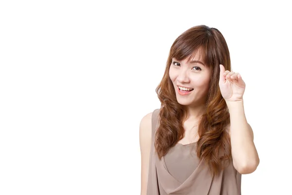 Frau mit einladendem Handzeichen, weißer isolierter Hintergrund — Stockfoto
