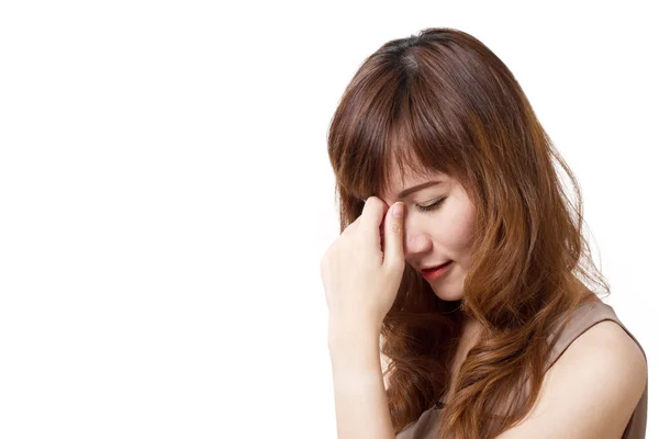 Kranke Frau mit Kopfschmerzen, Migräne, Stress, negativem Gefühl — Stockfoto