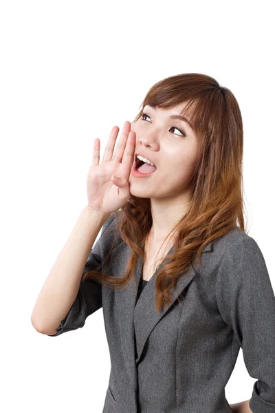 Business woman announcing, shouting, speaking — Stock Photo, Image